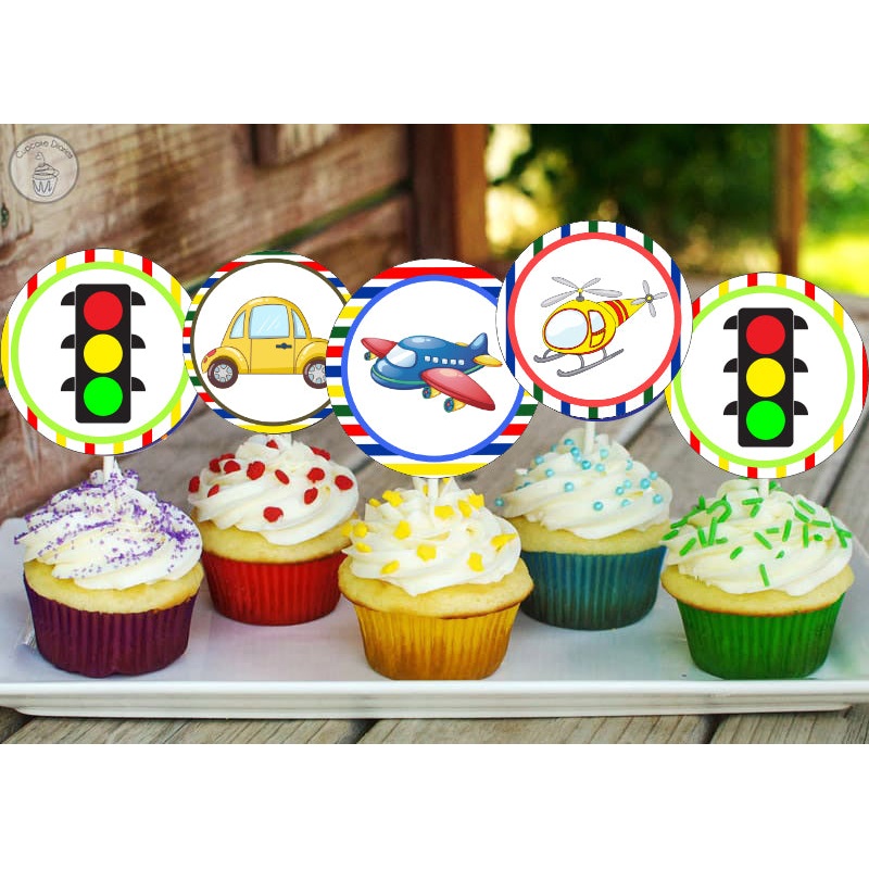 Transport Theme Birthday Party Cupcake Toppers for Decoration