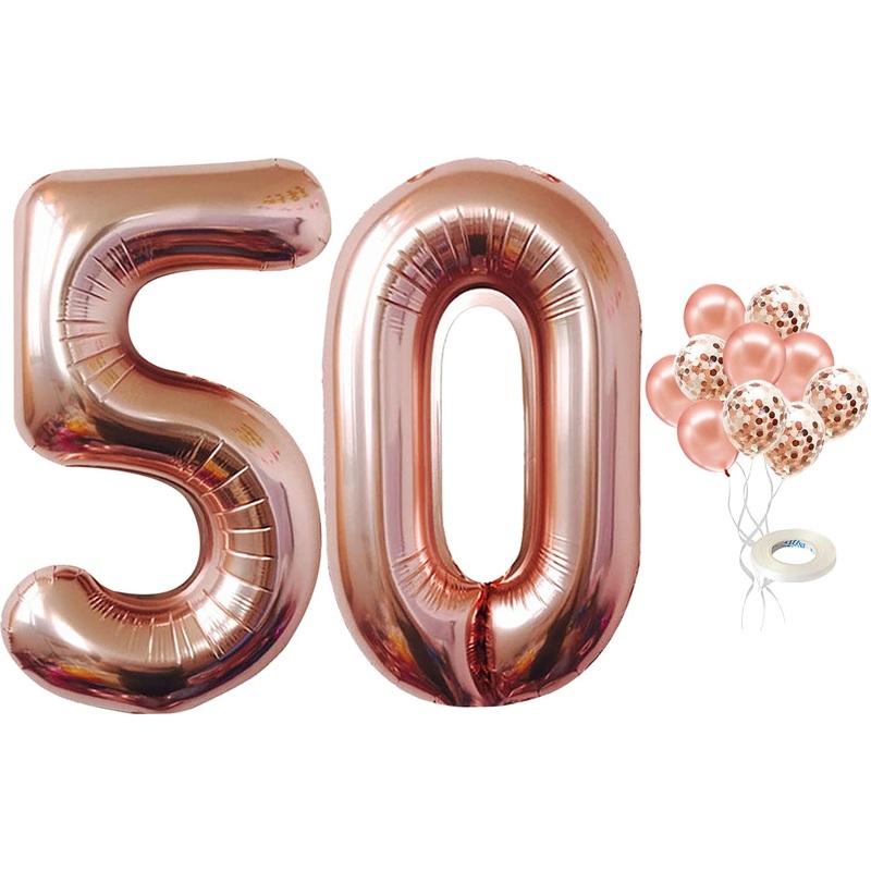 50th Balloon Number Rose Gold and Confetti Balloons