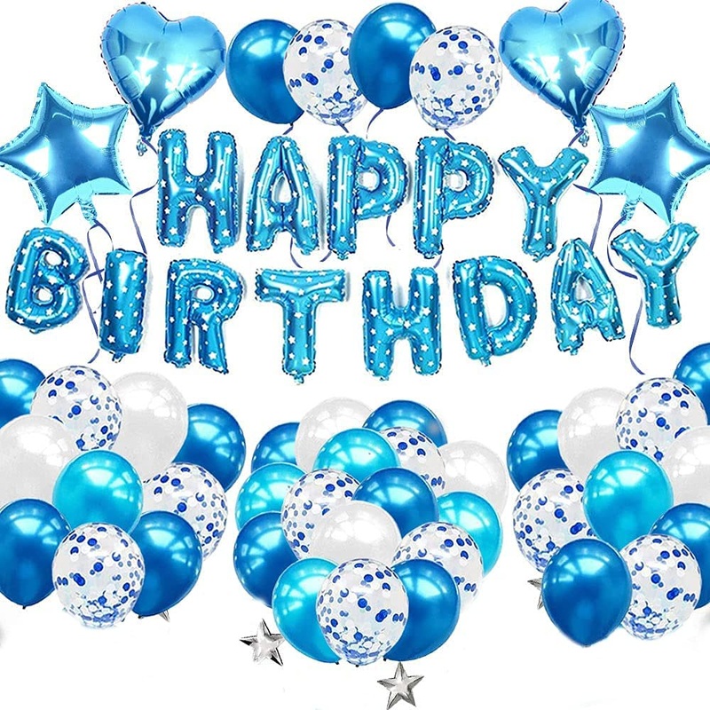 Birthday Party Decoration Boys, Blue Happy Birthday Banner Confetti Balloon Heart Star Balloon Birthday Table Confetti for Baby Shower Kid Girl Man Birthday Supplies (Happy Birthday)