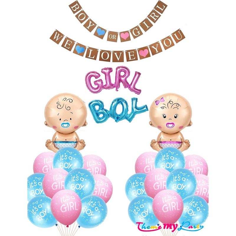 Boy Or Girl We Love You  25 pcs Baby Shower Decoration Combo for Banner and Metallic Blue, Pink Balloons and Foil Balloons