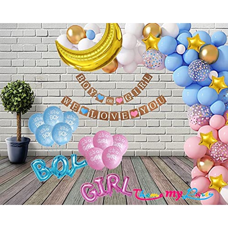 Boy Or Girl We Love You Baby Shower Decoration kit for Banner, Metallic Blue, Pink and White Balloons with Foil Balloons Decoration Baby Shower