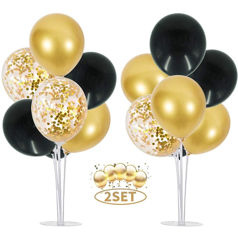 2 Set Table Centerpiece Balloons Stand Kit Include 16 Black Gold Latex Confetti Balloons for Birthday, Baby Shower, Wedding, Graduation, Anniversary Table Party Decorations. (Balloons)