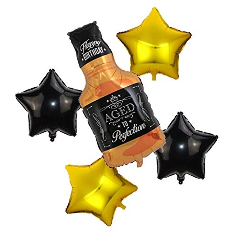 Aged To Perfection Whiskey Bottle Super Shape Mylar Foil Balloon With Star Balloons Golden And Black Pack Of 5 Pcs