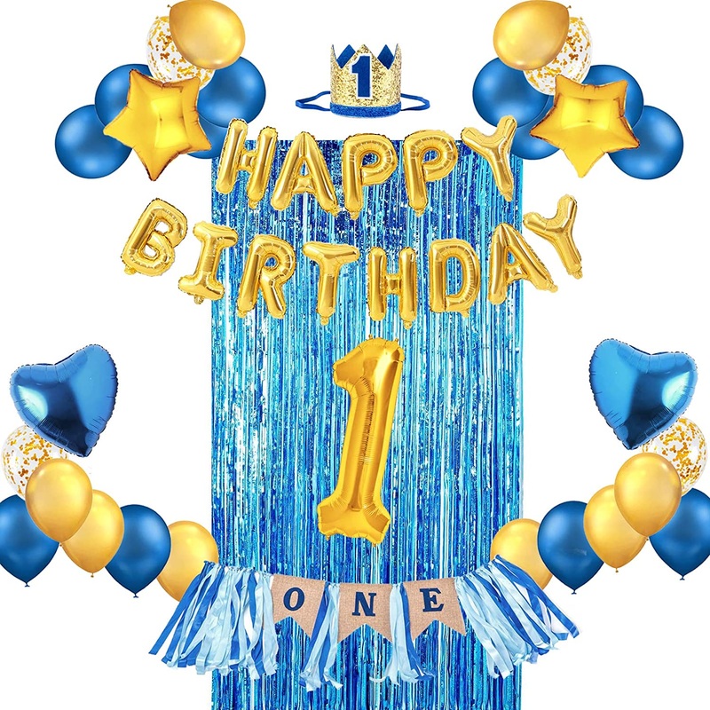 Blue And Gold First Happy Birthday Banner Decorations Combo- 59Pcs Set