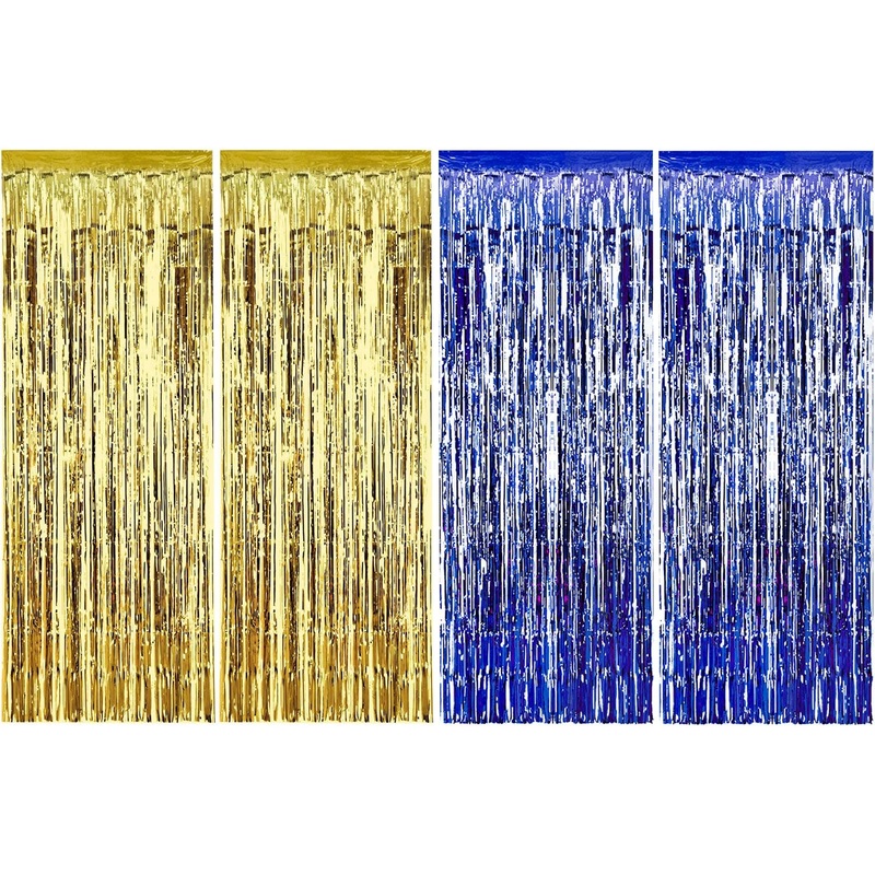 Blue and Gold Metallic Tinsel Foil Fringe Curtains Party Decorations