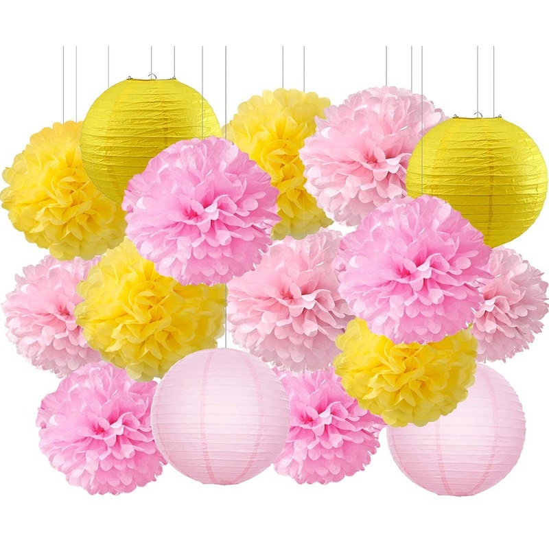 Pink And Yellow Tissue Paper Pom Poms And Paper Lanterns -Birthday Party Decorations