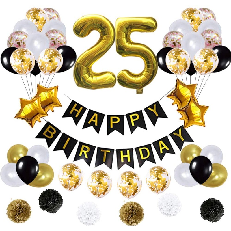 25 Birthday Decorations Ballons, Happy Birthday Banner/Pom Pom Flowers/Gold Balloons/Latex Balloons/Number 25 Foil Ballons Gold