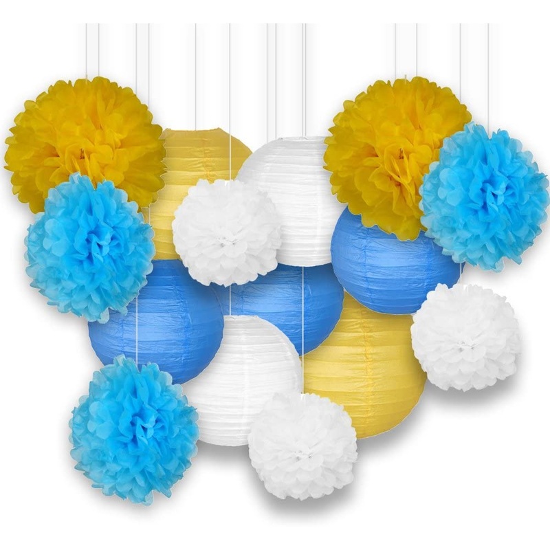 Blue ,Yellow And White Tissue Paper Pom Poms And Paper Lanterns -Birthday Party Decorations