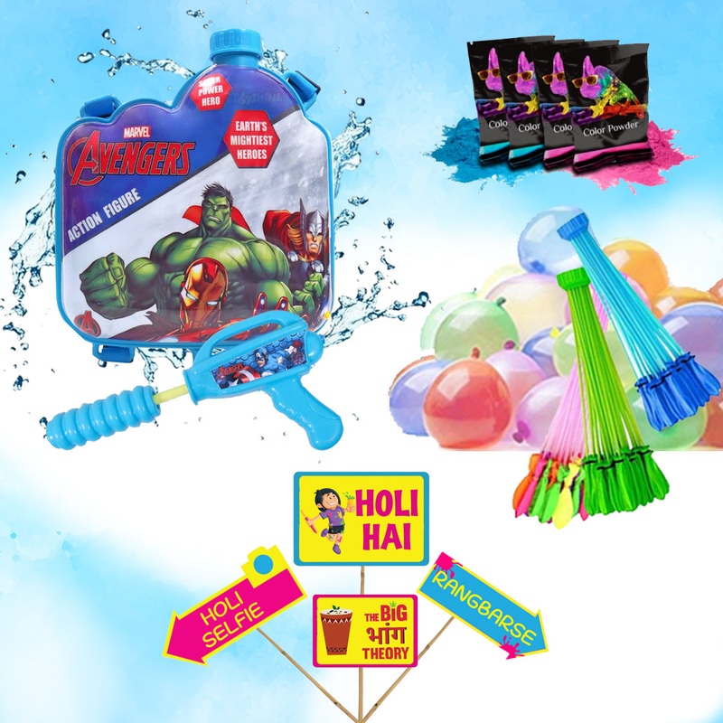 Holi Party Combo- Avengers Water Gun ,Water Balloons Gulal and Props