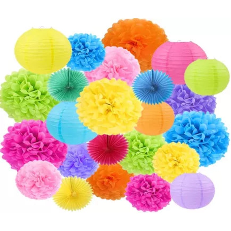 Multi Color Tissue Paper Pom Poms, Paper Fans And Paper Lanterns
