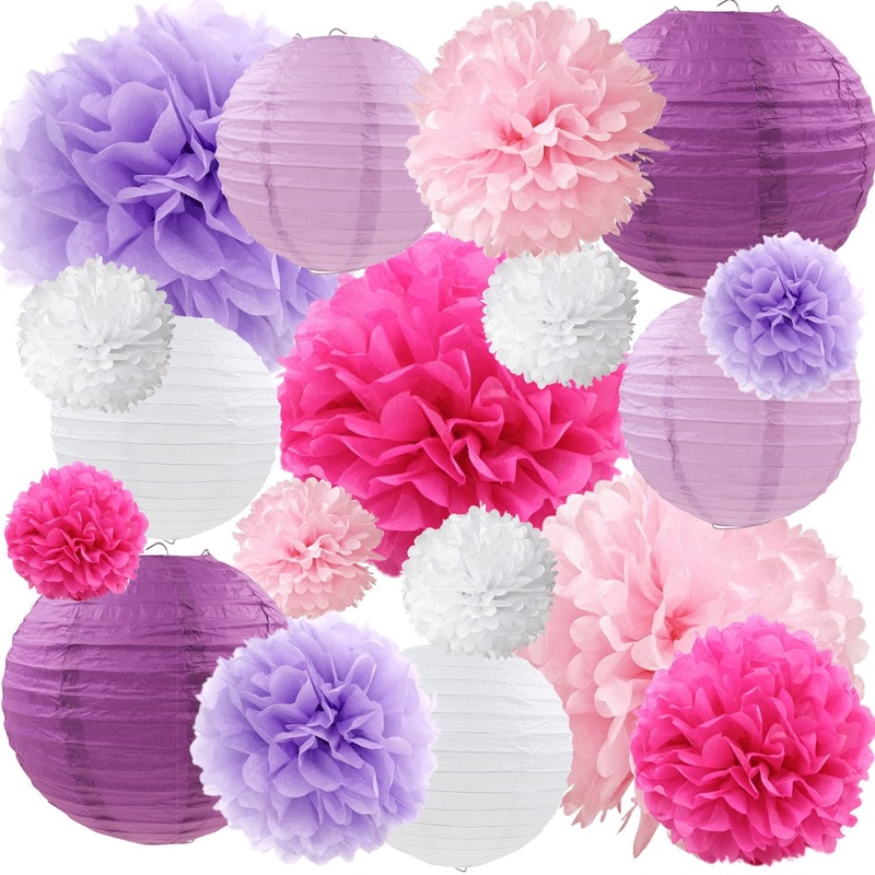 Pink ,Purple And White Tissue Paper Pom Poms And Paper Lanterns -Party Decorations