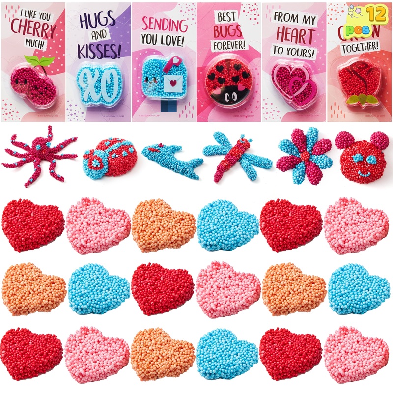 12 PCS Valentines Cards with Foam Squishy Toy for Kids, Valentines Gifts Set Stress Relief Fidget Toy for Boys Girls Valentines Class Exchange Cards