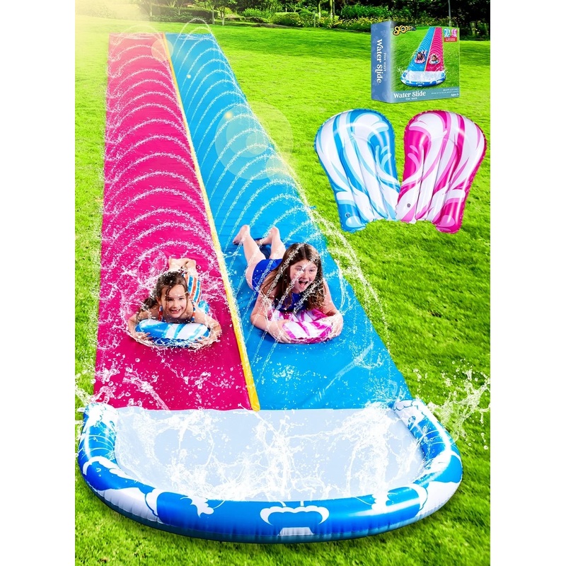 22.5ft Double Water Slide, Heavy Duty Lawn Water Slide with Sprinkler, and 2 Slip Inflatable Boards for Summer Yard Lawn Outdoor Water Play Activities