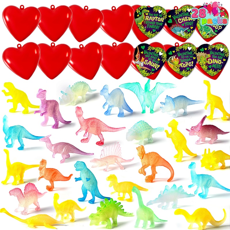 28 Packs Valentines Day Cards with Glow in dark Dinosaur Toys and Heart Shells for Valentine Kids Party Favor, Classroom Exchange Prizes, Valentines Greeting Cards