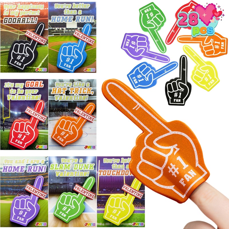 28 Pcs Valentines Day Cards with Foam Fingers for Kids Boys, Sports Fan Cheering Foams for Sports Event Games Valentines Hand Party Favors, Valentines Exchange Cards