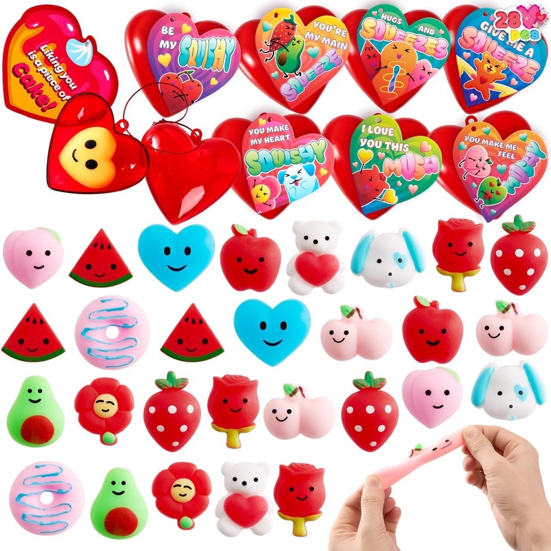 56 Pcs Valentines Cards for Kids (28 Mochi and 28 Cards),Kawaii Animal Mochi Squishy Stress Relief Gifts for Girls,Valentine Games Class Prizes for Kids
