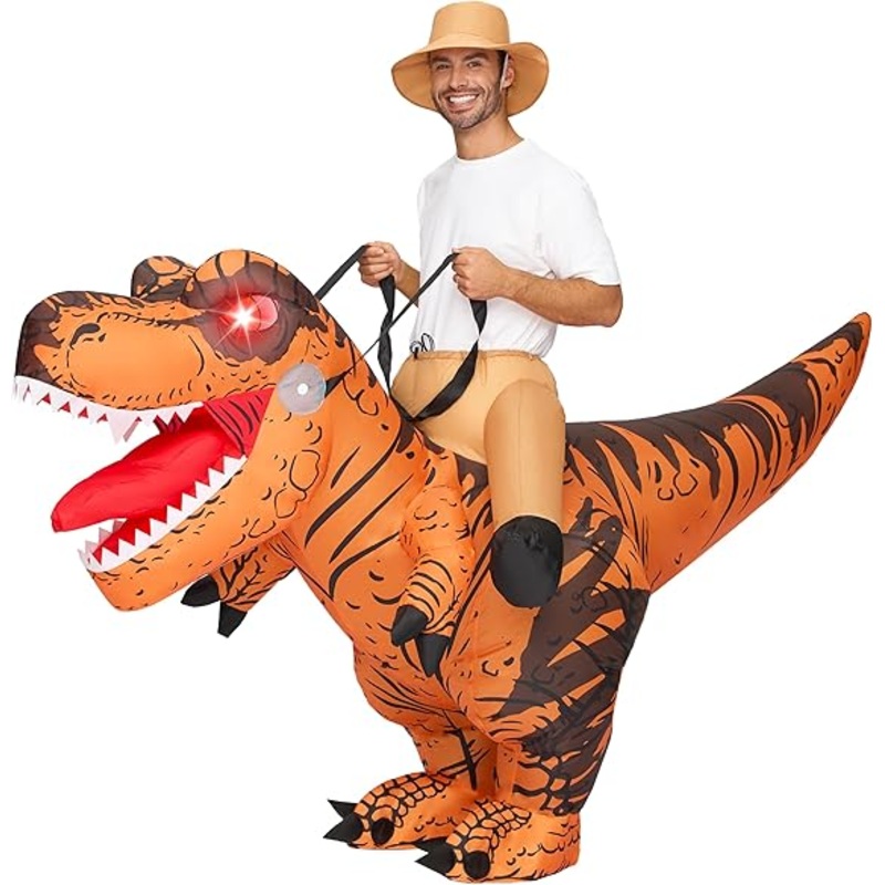 Adults Inflatable Costumes Riding a Light-Up Eyes T-rex Rawr Blow Up Costumes for Halloween Parties