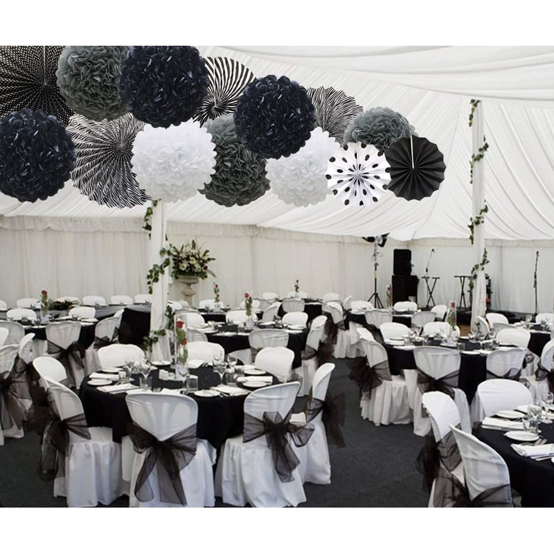 Black Hanging Paper Party Decorations,-Round Paper Fans Set Paper Pom Poms Flowers For Birthday/ Wedding /Baby Shower