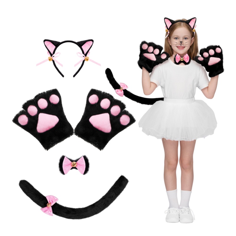 Joyfy 5 Pcs Kitty Cat Halloween Costumes Accessory Set for Adults & Kids, Halloween Party Cosplay with Cat Ears Headband, Paws Gloves, Bow Tie, Tail