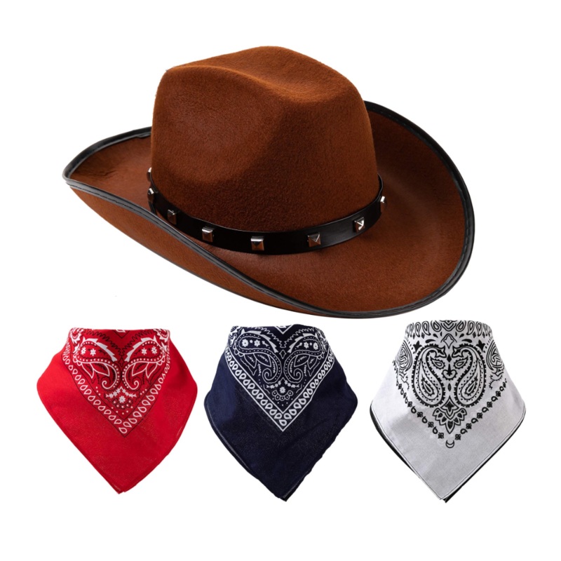 Joyfy Cowboy Hat for Adults and Kids, Halloween Themed Cosplay, Western Cowboy Hat with 3 Pcs Bandanas for Halloween Costume Accessories