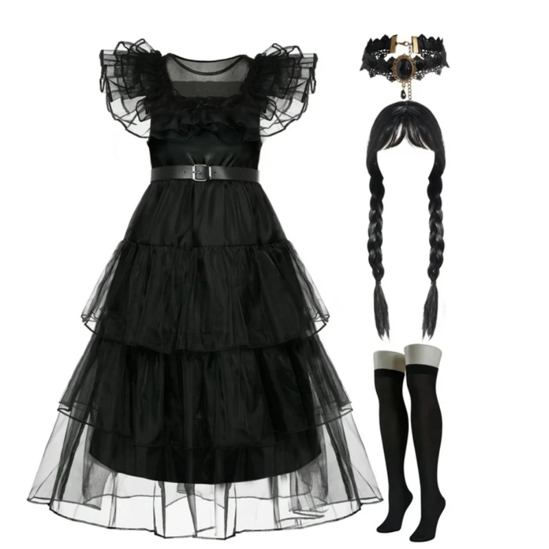 Joyfy Halloween Costume Set for Girls, Dark Vintage Prom Dress for Kids, Black Gothic Dress Costume for Halloween Cosplay Parties 5-12 Years