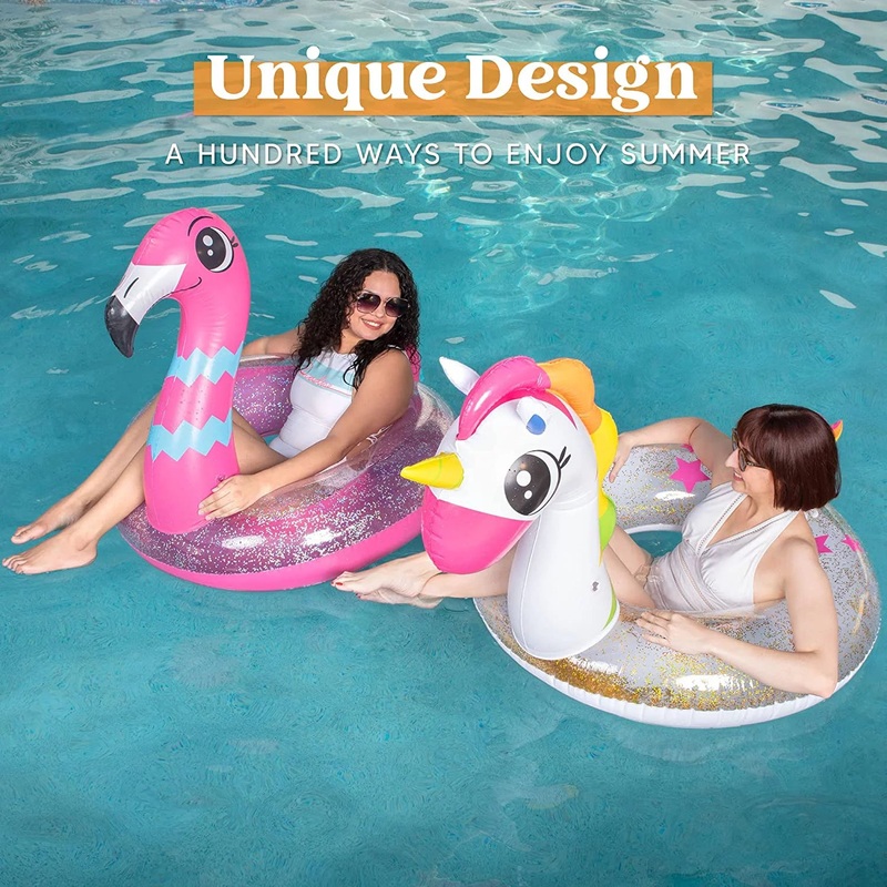 JOYIN 2 Set unicorn & Flamingo Pool Float with Glitters 35.5, Pool Tubes for Floating, Fun Beach Floaties, Pool Toys, Summer Pool Beach Outdoor Party Supplies Party Toys for Kids