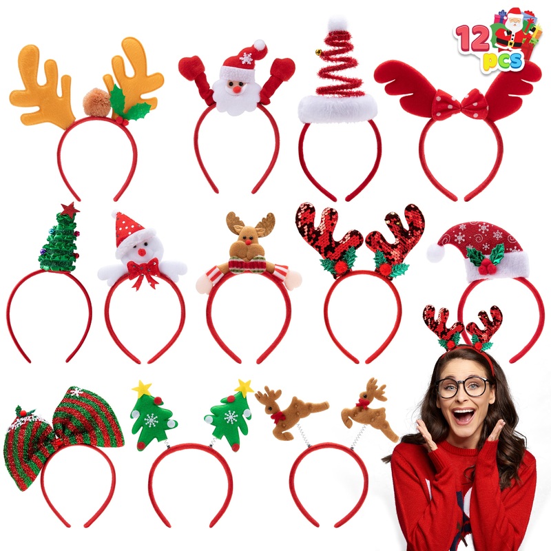 SYNCFUN 12 Pcs Christmas Headbands Assorted Design for Xmas Party Supplies Party Favors (One Size Fits All)