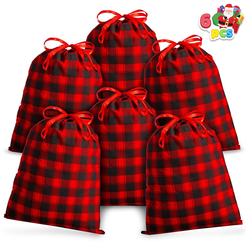 SYNCFUN 6 Pcs Christmas Fabric Drawstring Gift Bags 19" x 14.5" Reusable Christmas Sacks Buffalo Plaid Pouches Gift Wrapping Bag Set for Xmas Holiday Presents Dcor, Giant Gifts Decorations