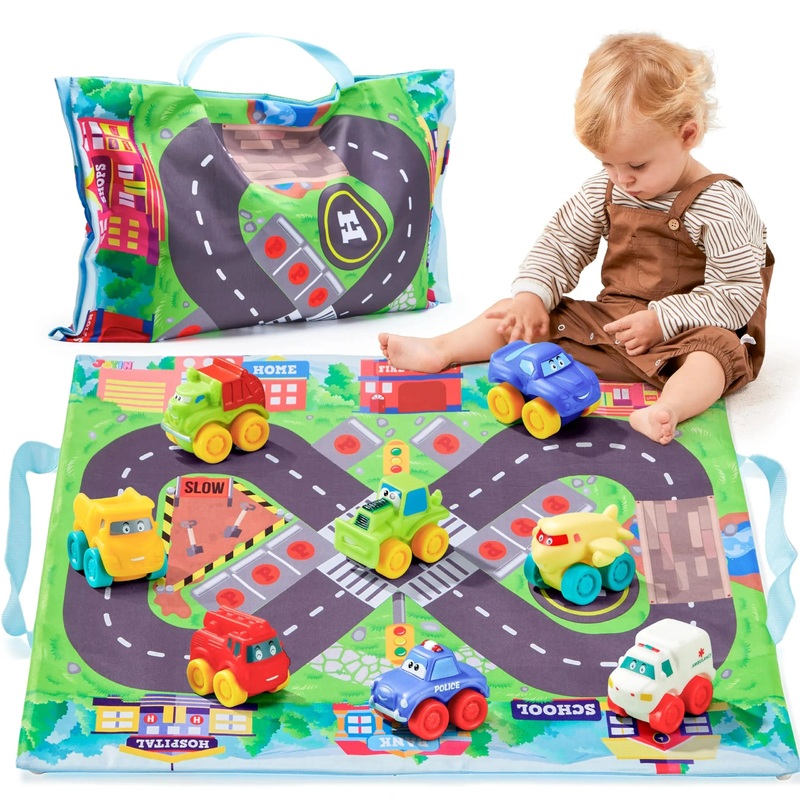 Syncfun Car Toy for Toddlers 1 2 3 Years Old, 8 Pcs Rubber Cartoon Cars with Playmat Storage Bag, Mini Baby Bath Toy Car, Birthday Gift for Kids Boys