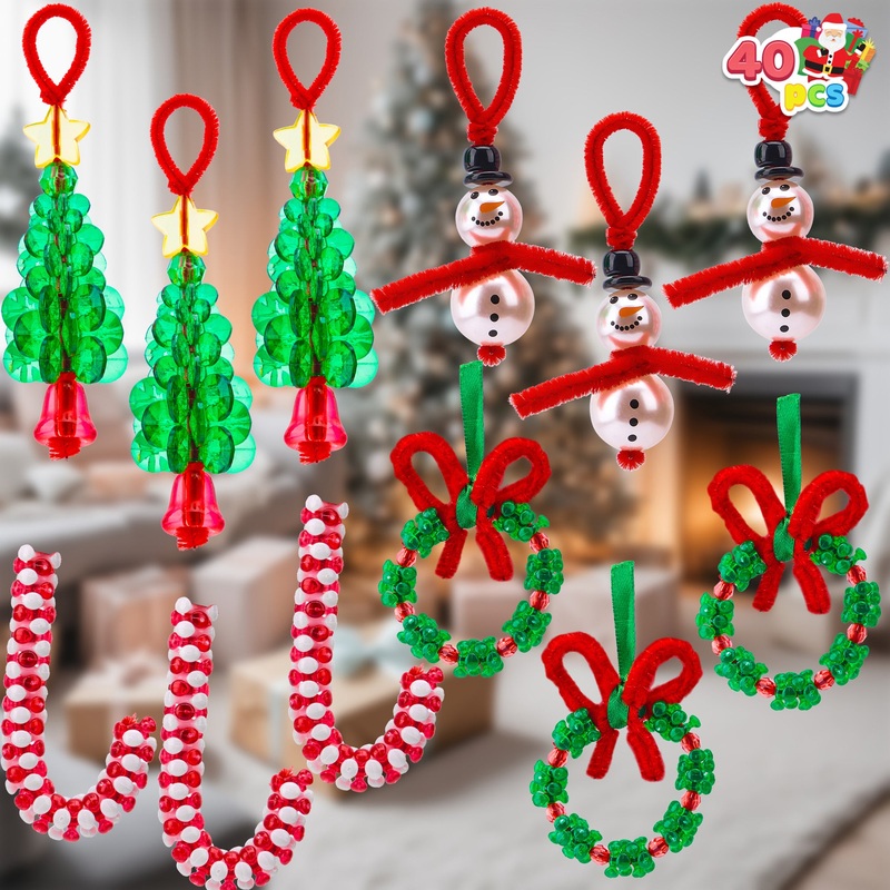 SYNCFUN Christmas Beaded Ornament Craft, Make up to 40 Hanging Ornaments of Snowman, Christmas Tree,Candy Canes and Wreaths for DIY Christmas Ornaments Craft, Xmas Gift Holiday Party