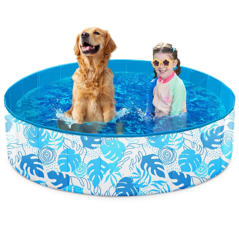 Syncfun  Foldable Dog Bath Pool - Collapsible Dog Pet Pool Bathing Tub Kiddie Pool 48" x 12" (Blue Leaves)