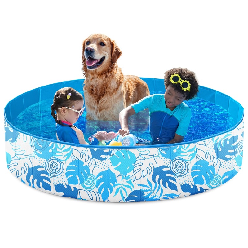 Syncfun Foldable Dog Pool 63 x 12 Inches,Collapsible Hard Plastic Shell Portable Swimming Pool for Dogs Wading Pool(Blue)