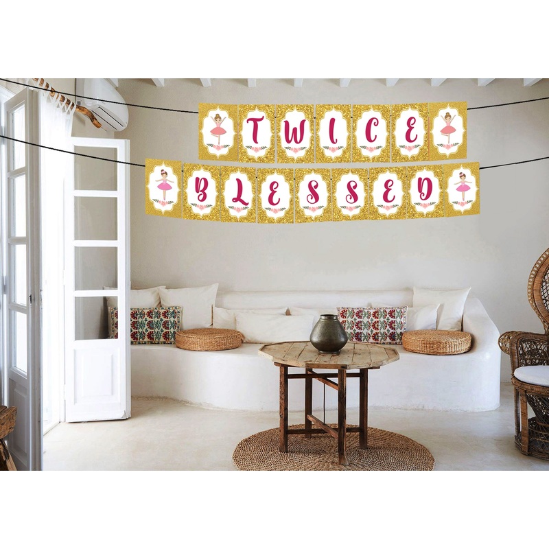Twin Girls Theme Twice Blessed Birthday Party Banner for Decoration
