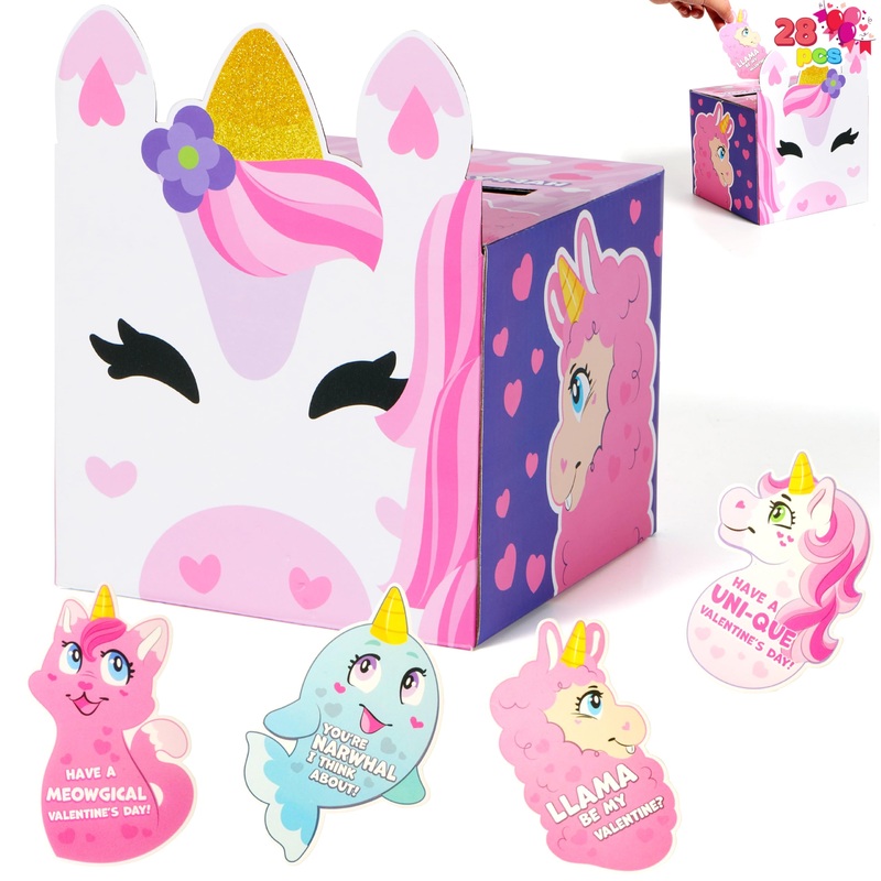 Valentine boxes Unicorn Classroom Mailbox with Cards for Kids Party Favor, Classroom Exchange Prizes Including 1 Unicorn Mailbox and 28 Valentine Cards