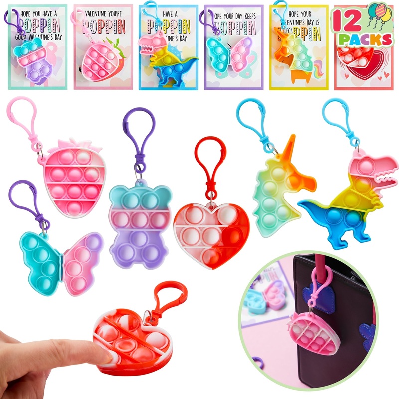 12 Packs Valentines Day Cards with pop Fidget Keychains Toys, Fidget Valentines Day Cards for Kids School Classroom Exchange Card Gifts