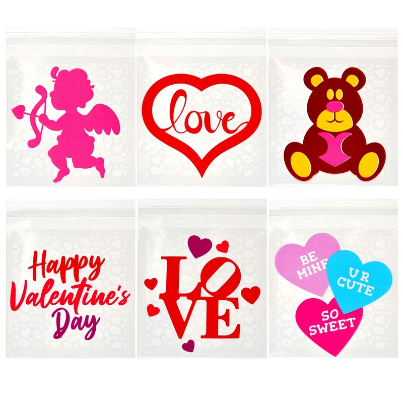 150 Pcs Valentine Cellophane Gift Bags Square Cellophane Candy Bags Valentine Goodies Bags in 6 Designs for Kids Valentine's Day Party Favor Supplies