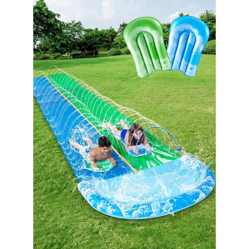 22.5ft Triple Water Slide and 2 Inflatable Boards, Backyard Summer Lawn Water Slides Waterslide and Slip Sprinkler Water Toy for Kids Adults Outdoor Fun Blue/Green