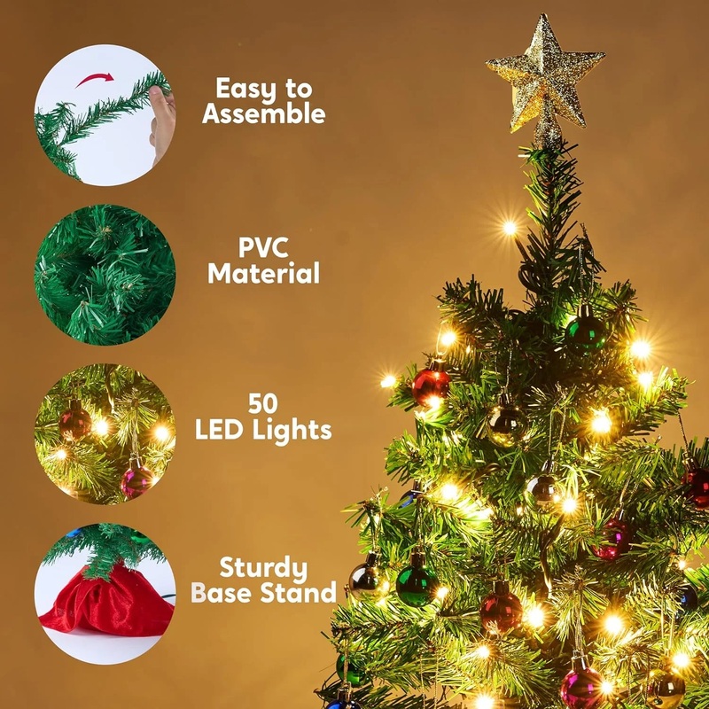 24 Inch Mini Christmas Tree with Lights,Prelit Artificial Christmas Tree with Decorations,Light Up Christmas Ornaments Table Decor (Storage Bag Included)