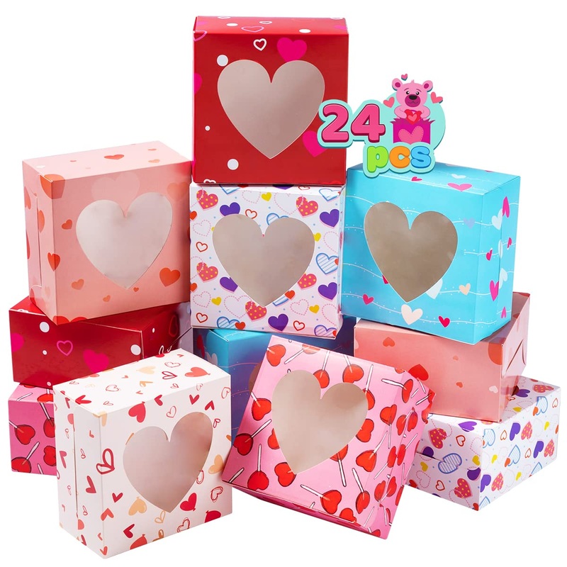 24 Pcs Valentines Day Bakery Treat Boxes Valentines Cupcake Boxes Cookie Boxes with Window for Holiday Pastries, Doughnut, Cookie, Cupcakes, Brownies, Truffles Gift Giving