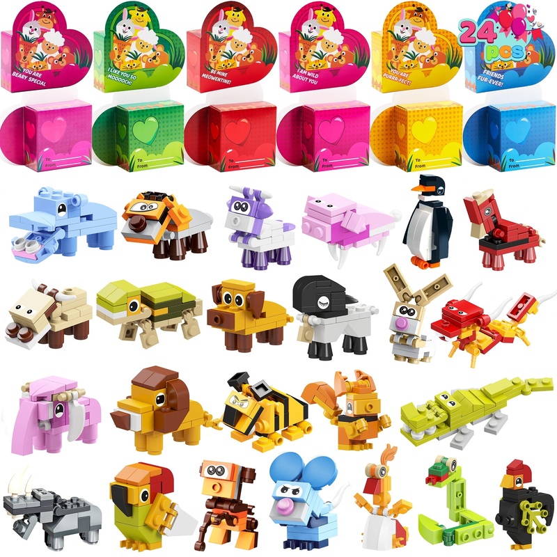 24 Pcs Valentines Day Cards With Animals Building Blocks for Kids, Building count Blocks with Heart Shaped Boxes, Valentines School Class Exchange Card Gifts Boys Girls, Award Party Favors