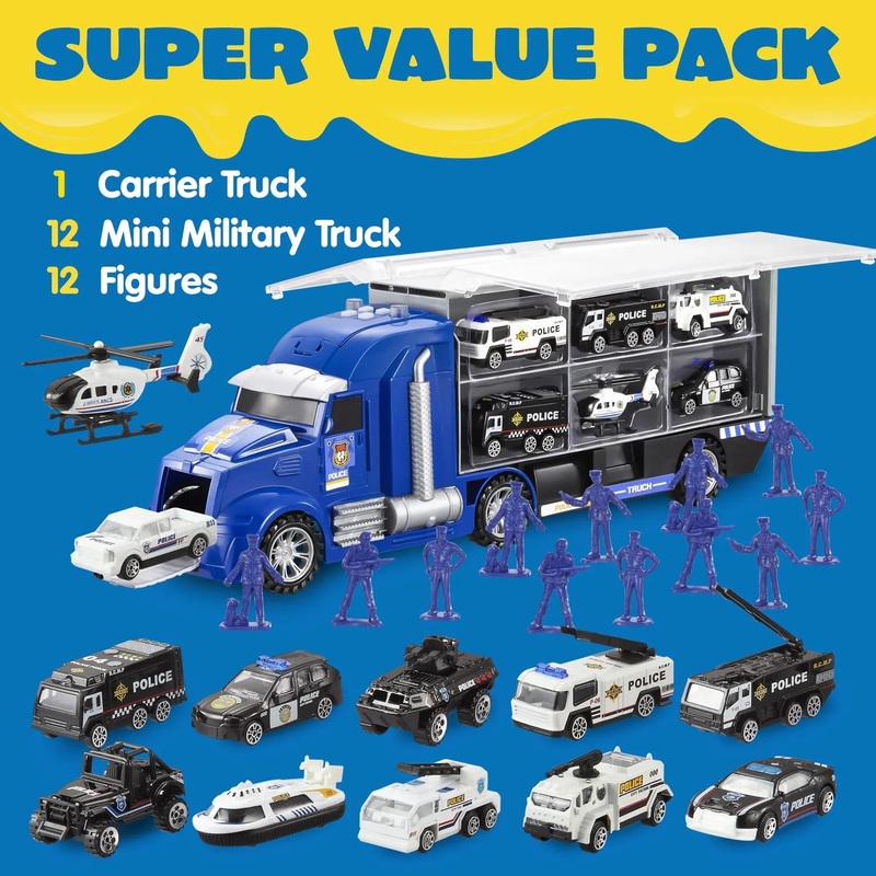 25 in 1 Die-cast Police Rescue Truck Car Toy Set with Sounds and Lights, Mini Police Vehicles in Carrier Truck, Play Police Patrol Rescue Vehicle Toy, Birthday Gifts for Over 3 Years Old Boys
