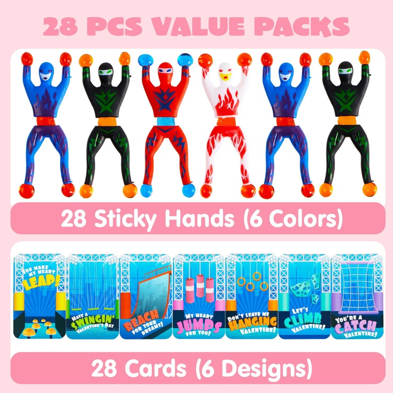 28 Pack Valentine's Day Ninja Sticky Man with Cards, Classroom Exchange Gift for Kids, Classroom and Holiday Reward Prizes, Valentines Party Favors, Ninja Sticky Man Toys
