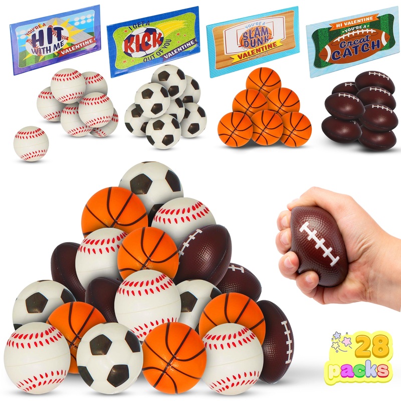 28 Packs Valentines Cards with Mini Sports Ball for Kids Boys, Figure Stress Balls Squeeze Foam Balls Bouncy Balls Toys for Valentines School Class Exchange Card, Party Favors