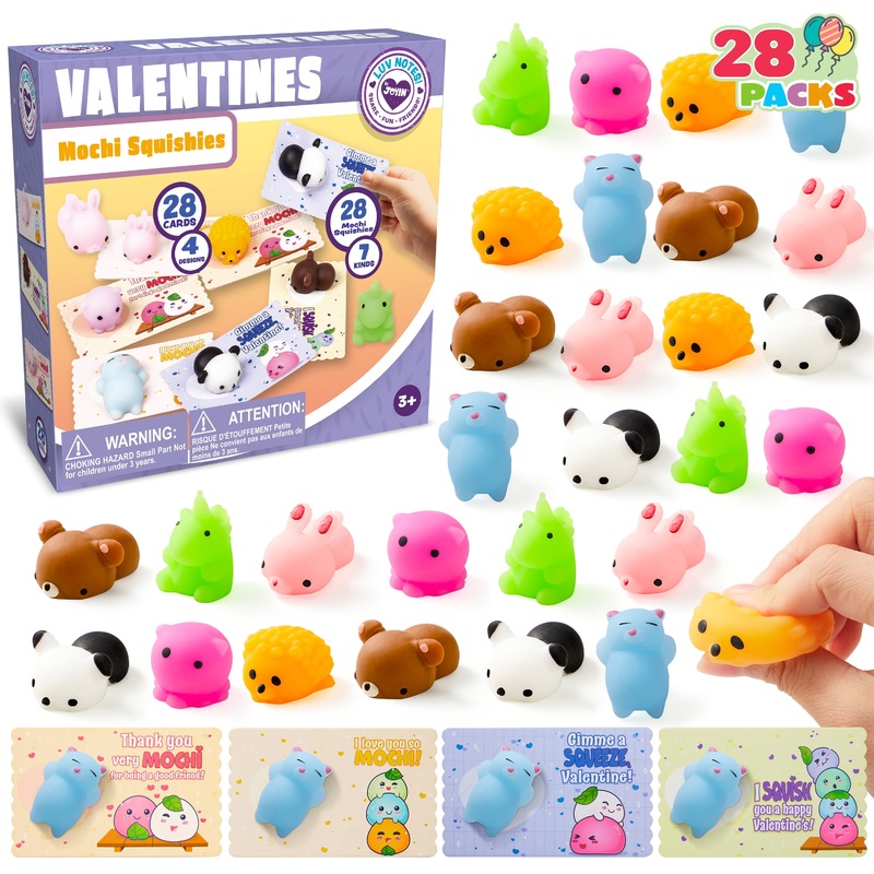 28 Packs Valentines Day Cards with Mochi Squishy Toys Set, Stress Relief Fidget Toys for Kids Valentine School Class Exchange Card Cute Gifts