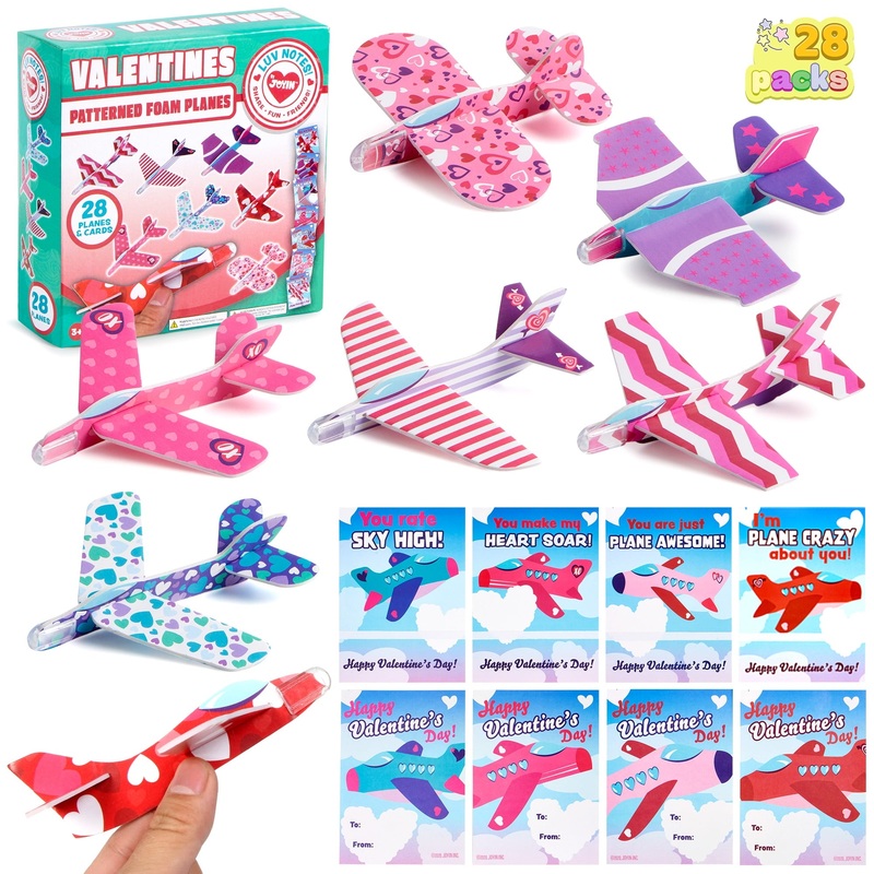 28 Packs Valentines Day Foam Airplanes Cards with Boxes for Kids Boys, Valentines School Classroom Exchange Cards Gifts