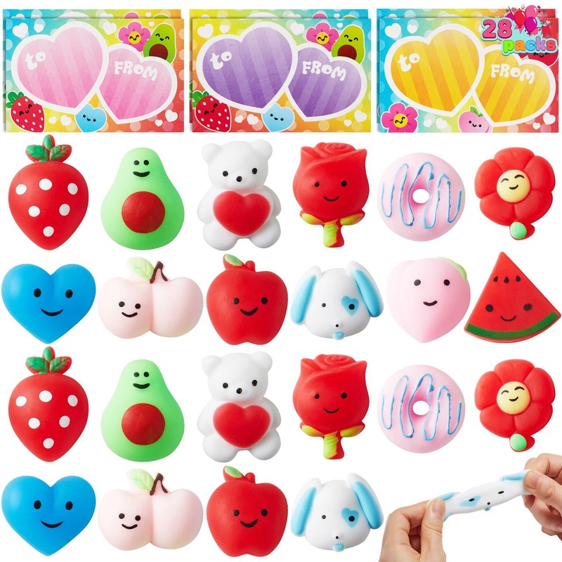 28 Packs Valentines Day Gift Cards with Mochi Squishy Toys, Stress Relief Fidget Toys for Kids Valentine Classroom Favors