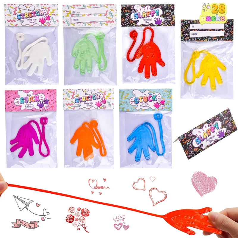 28 PCS Valentines Exchange Cards for Kids Boys Sticky Hands Slappy Hands Sticky Toys Classroom Gifts Party Favor