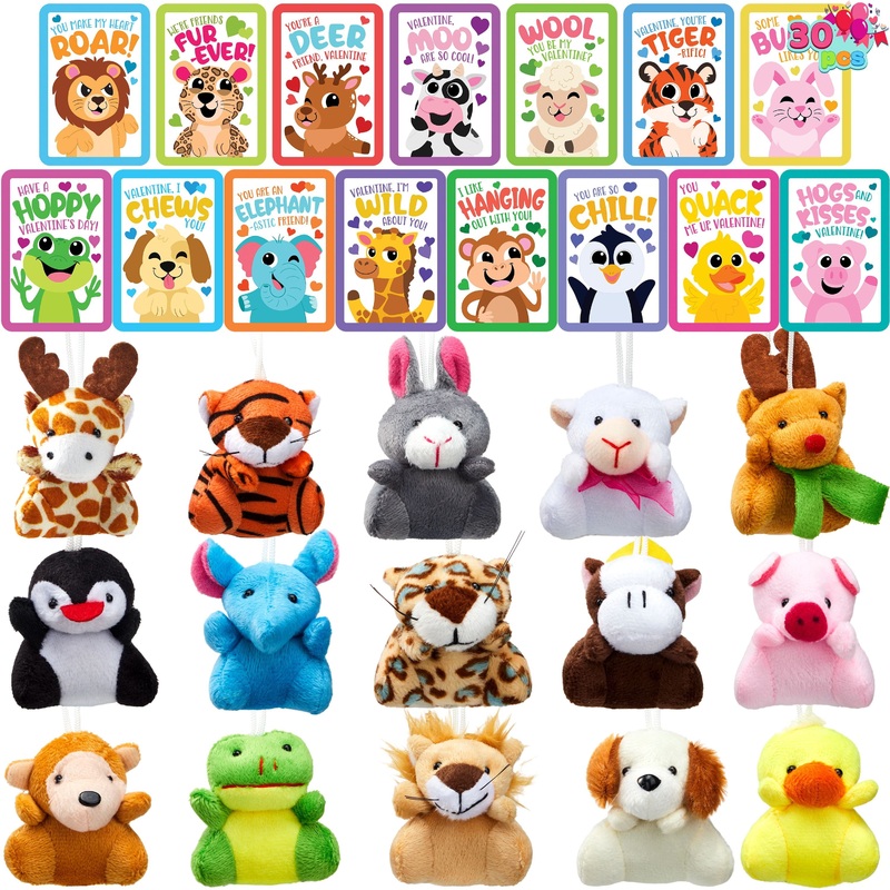 30 Packs Valentine's Day Gifts Cards with Animal Plush Toy for Kids, Valentine's Plush Keychain Toy for Classroom Exchange Cards and Party Favor, Valentine Greeting Cards, Game Prizes