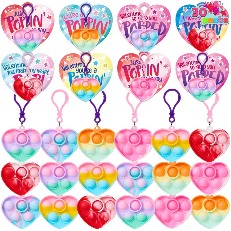 30 Packs Valentines Day 6-Design Gift Cards with Heart Pop Bubble Keychain, Mini Pop Squeeze Toys, Stress Relief Fidget Toys for Kids Valentine's Party Favors and School Classroom Prize