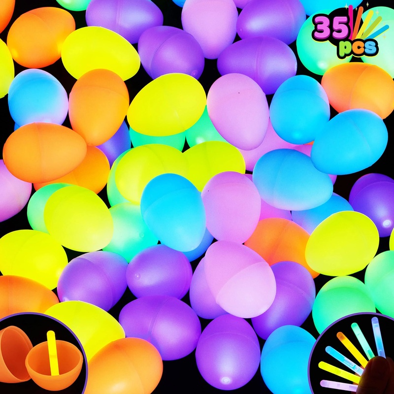 35 Easter Eggs with Mini Sticks (70 Pieces Total), Glow in the Dark Basket Filler Gifts for Kids, Easter Hunting Game Party Favor Decoration Supplies, Classroom Prizes.